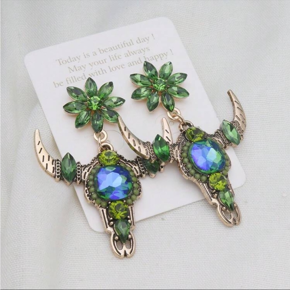 Green and Gold‎ Floral Bull Skull Earrings western gothic